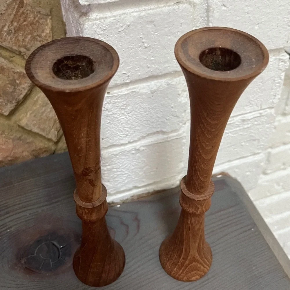 Vintage Mid-Century modern wood candlestick holders Danish style.‎